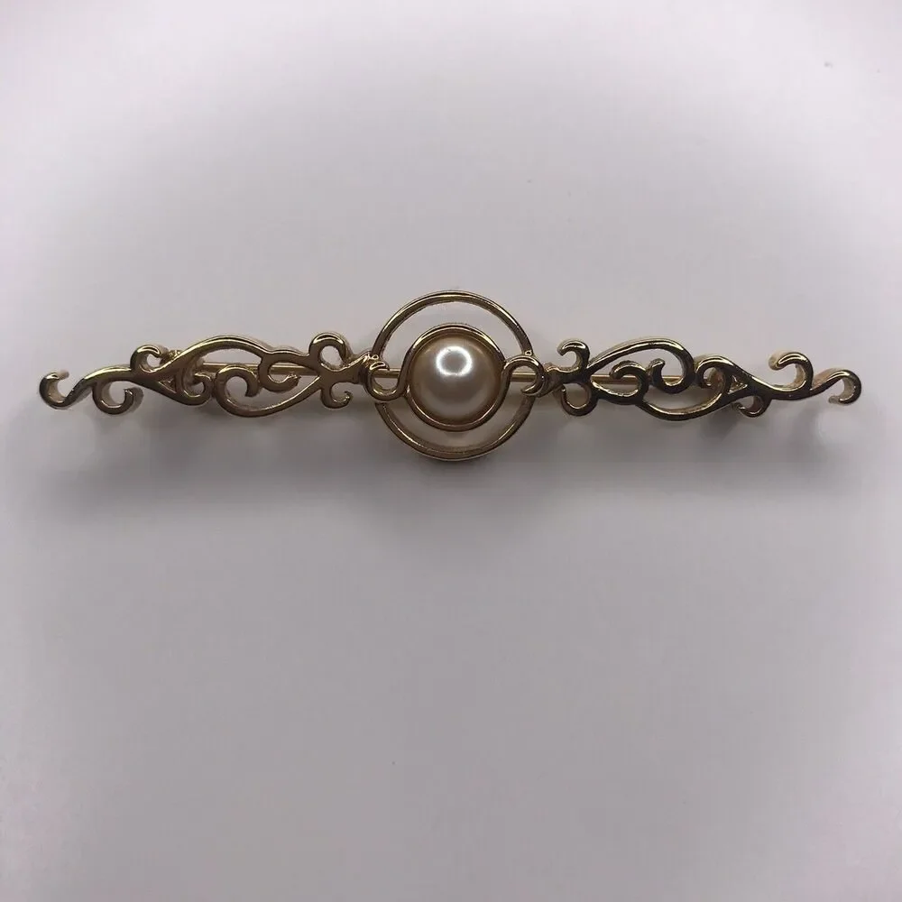 Vintage Monet Jewelry Brooch Pin Signed Gold Tone Faux Pearl